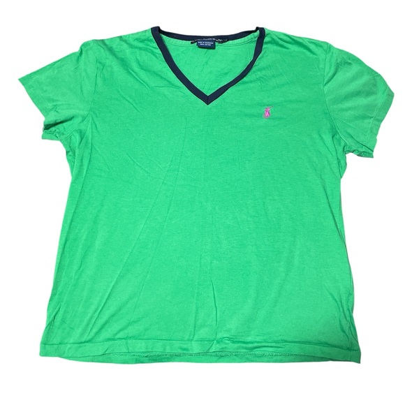 Polo Ralph Lauren Green V-Neck T-Shirt with Pink Emblem - Picture 1 of 1